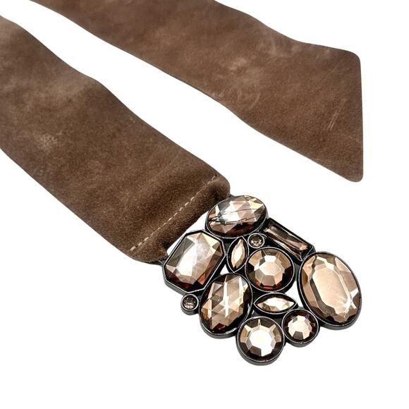 Women\'s brown suede belt with embellished smoky golden faux glass main image 8